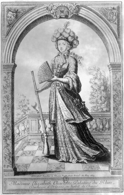 Elizabeth Charlotte del Palatinado, Duquesa de Orleans, con traje de caza, 1689 de French School